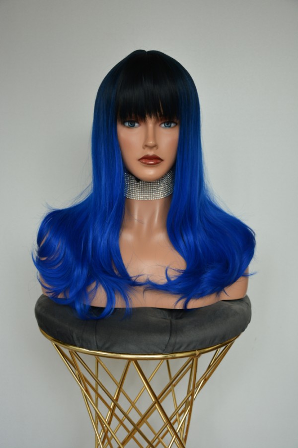 Orta Boy Fiber Sentetik Siyah Mavi Perçemli Dalgalı Peruk